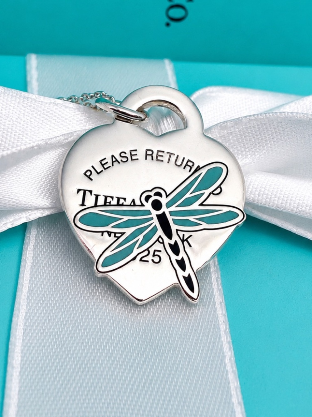 RARE Tiffany & Co. Dragonfly Enamel Heart Tag Pendant Necklace Sterling 925